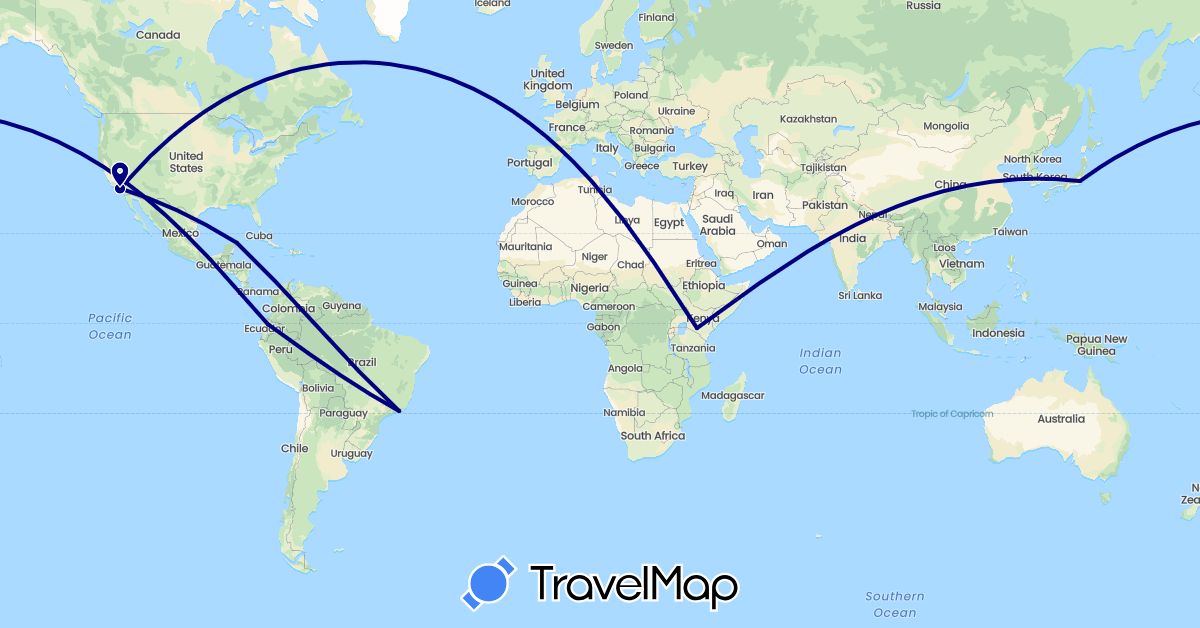 TravelMap itinerary: driving in Brazil, Ecuador, Japan, Kenya, Mexico, United States (Africa, Asia, North America, South America)
